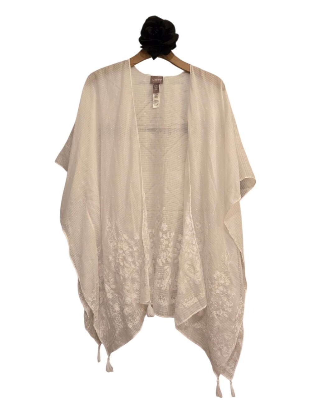 Chico's White Embroidered Open Front Kimono Lightweight Boho Floral Semi Sheer